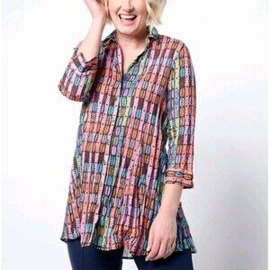 Nic Zoe Geo Dot Shirt Womens Size Large Button Up Down Top Blouse Geometric Boho